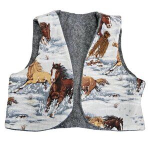 Handmade Horse Print Childrens Vest Western Motif Grey Back Panel Yarn Tail 1-2y